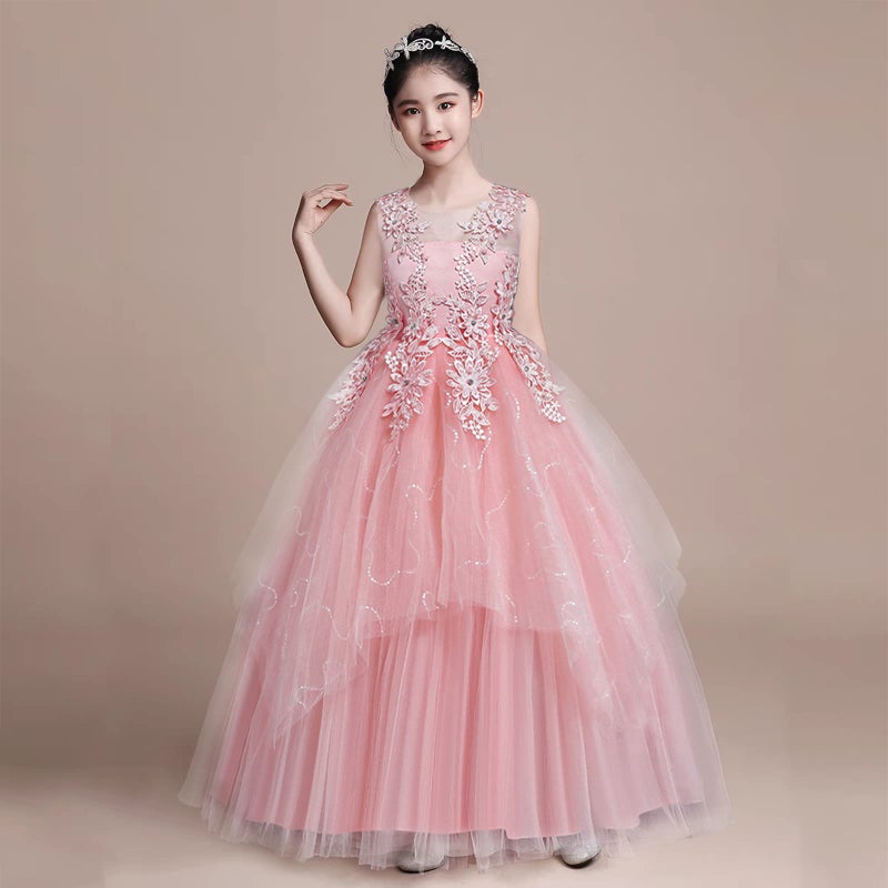 LOLANTA Vintage Flower Girl Dress Kids Tulle Princess Long Dress Father Daughter Dance Dress Lace Embroidery (11-12 Pink) - Image 2