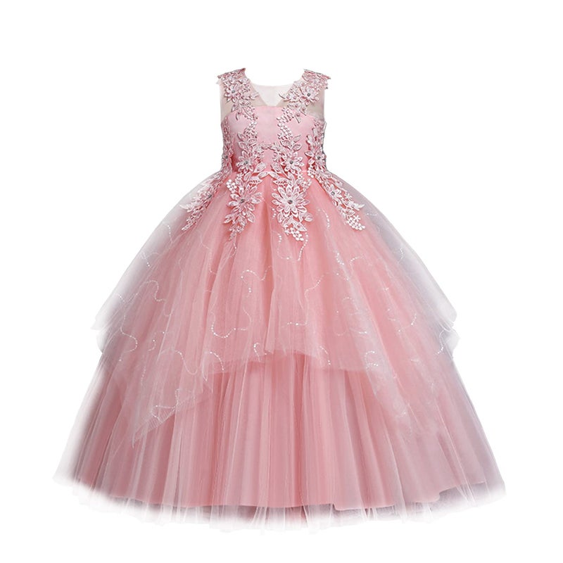 LOLANTA Vintage Flower Girl Dress Kids Tulle Princess Long Dress Father Daughter Dance Dress Lace Embroidery (11-12 Pink) - Image 1