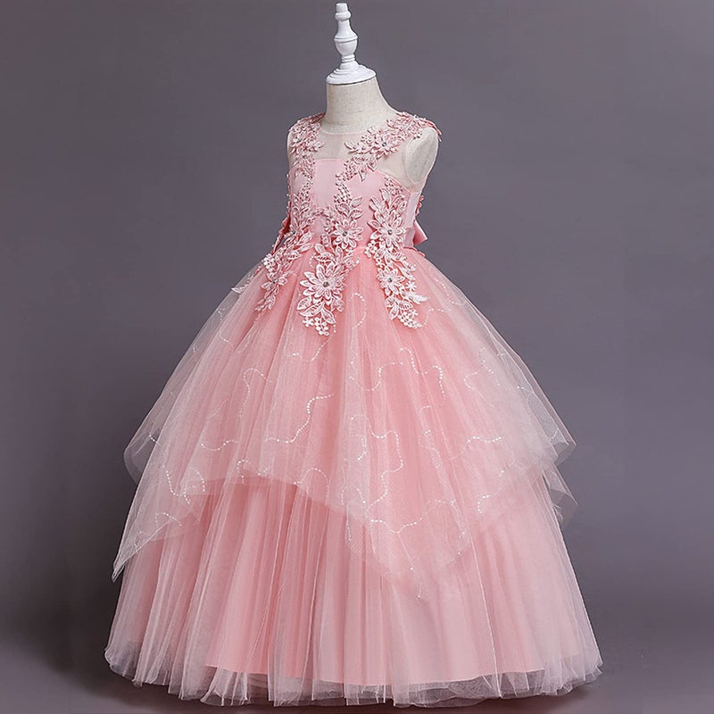 LOLANTA Vintage Flower Girl Dress Kids Tulle Princess Long Dress Father Daughter Dance Dress Lace Embroidery (11-12 Pink) - Image 3