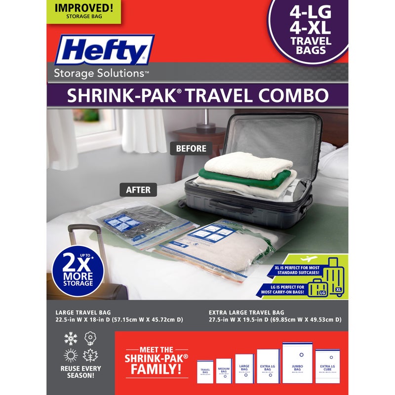 Hefty ShrinkPak Travel Storage Bags  For Clothes Pillows Towels Blankets  More  Space Saver Suction Sealer Bags for Luggage or Moving  4 Large 225x18 Inches 4 XL 275x 195 Inches