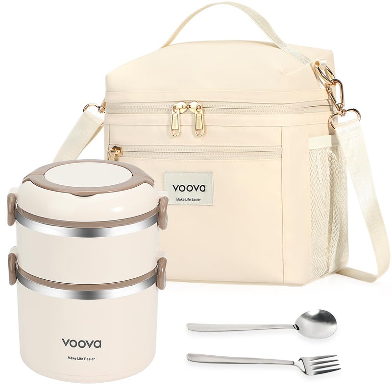 Voova Stackable Stainless Steel Thermal Lunch Box with Lunch Bag for Women Men Adult, 2 Tier Leakproof & Microwave Safe Insulated Bento Boxes Food Container for Work, Beige - Image 1