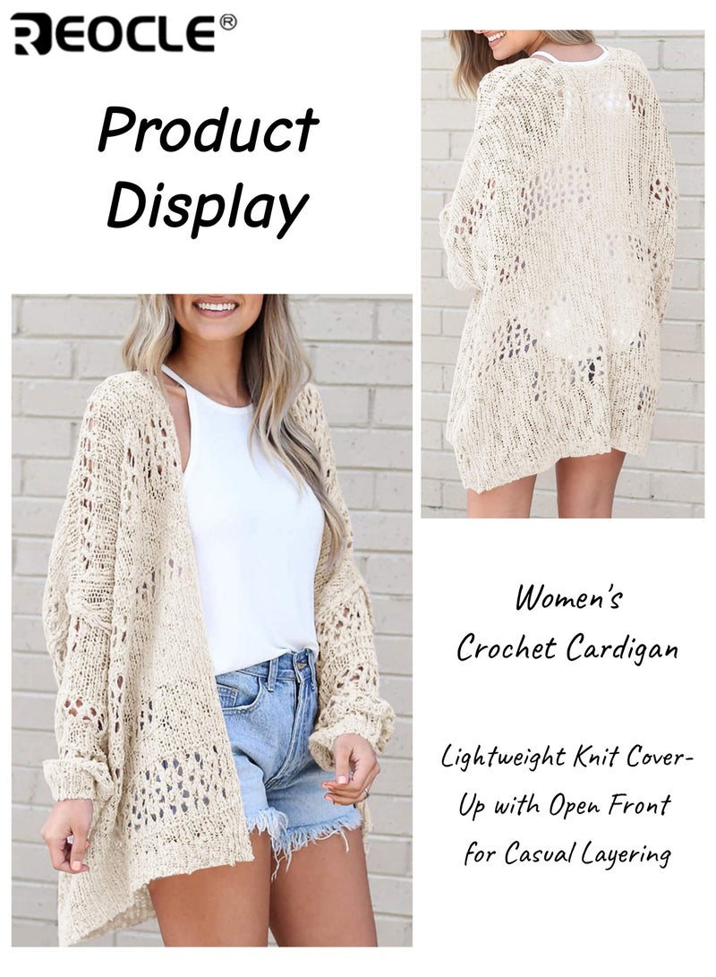 REOCLE Women's Sweater Crochet Cardigan with Boho Kimono Design and Long Sleeve Feature Lightweight Knit Cover-Up with Open Front for Casual Layering - Image 4