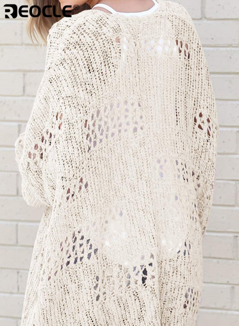 REOCLE Women's Sweater Crochet Cardigan with Boho Kimono Design and Long Sleeve Feature Lightweight Knit Cover-Up with Open Front for Casual Layering - Image 3