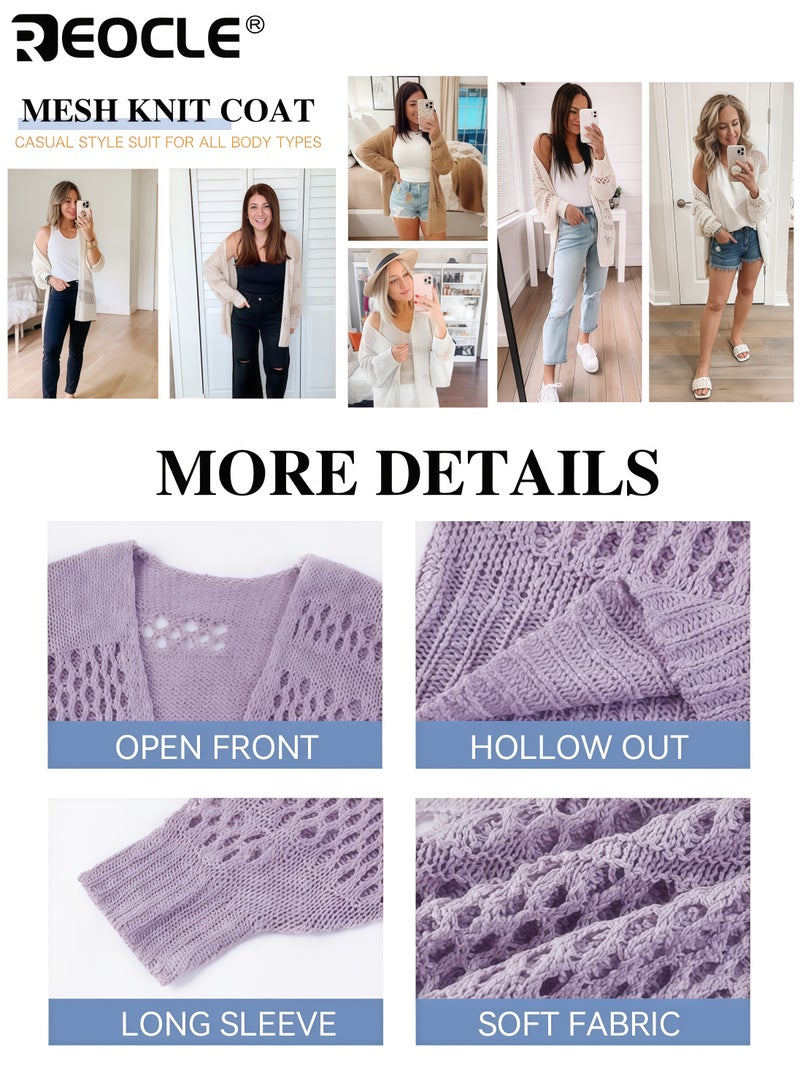 REOCLE Women's Sweater Crochet Cardigan with Boho Kimono Design and Long Sleeve Feature Lightweight Knit Cover-Up with Open Front for Casual Layering - Image 5