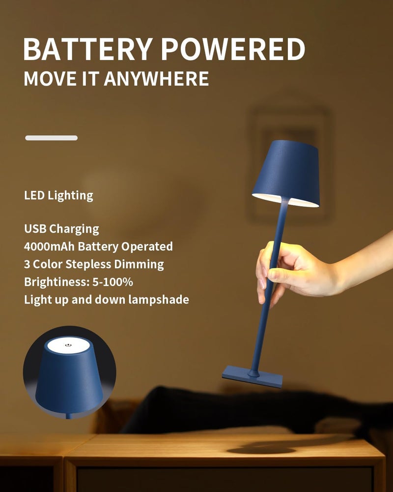 KDG 2 Pack Cordless Table Lamp,Portable LED Desk Lamp, 4000mAh Battery Operated, 3 Color Stepless Dimming Up, for Restaurant/Bedroom/Bars/Outdoor Party/Camping/Coffee Shop Night Light(Blue) - Image 4