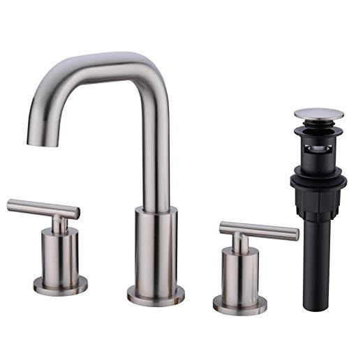 TRUSTMI Brushed Nickel Bathroom Faucet 3 Hole, Brass, 8 to16 Inch Widespread Bathroom Vanity Sink Faucet with Overflow Drain and cUPC Water Supply Lines, Swivel Spout - Image 1