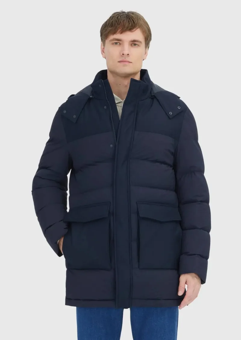 RAMSEY Navy Blue Regular Fit Classical Weaving Removable Hood Coat