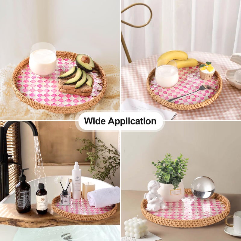 Tynulox Round Rattan Tray with Mother of Pearl Inlay, Rattan Serving Tray for Coffee, Bread, Fruits, Decorative Wicker Tray for Table Decor, Home Decor, Kitchen Island Decor(Pink Checkerboard, 11.8") - Image 2