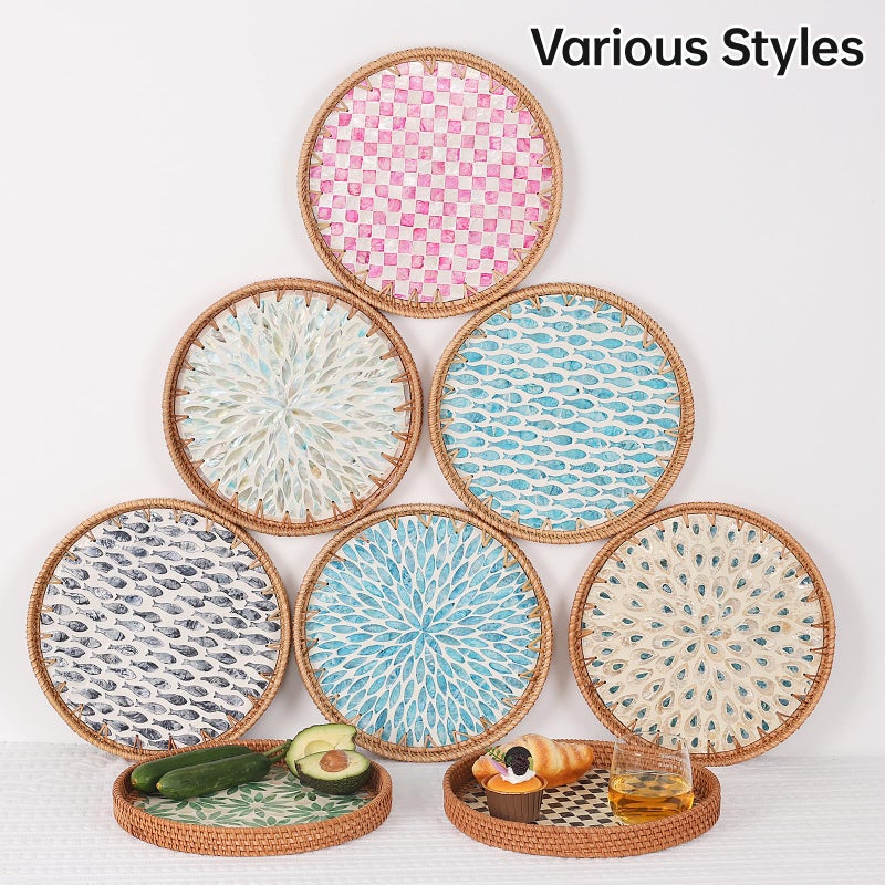 Tynulox Round Rattan Tray with Mother of Pearl Inlay, Rattan Serving Tray for Coffee, Bread, Fruits, Decorative Wicker Tray for Table Decor, Home Decor, Kitchen Island Decor(Pink Checkerboard, 11.8") - Image 3