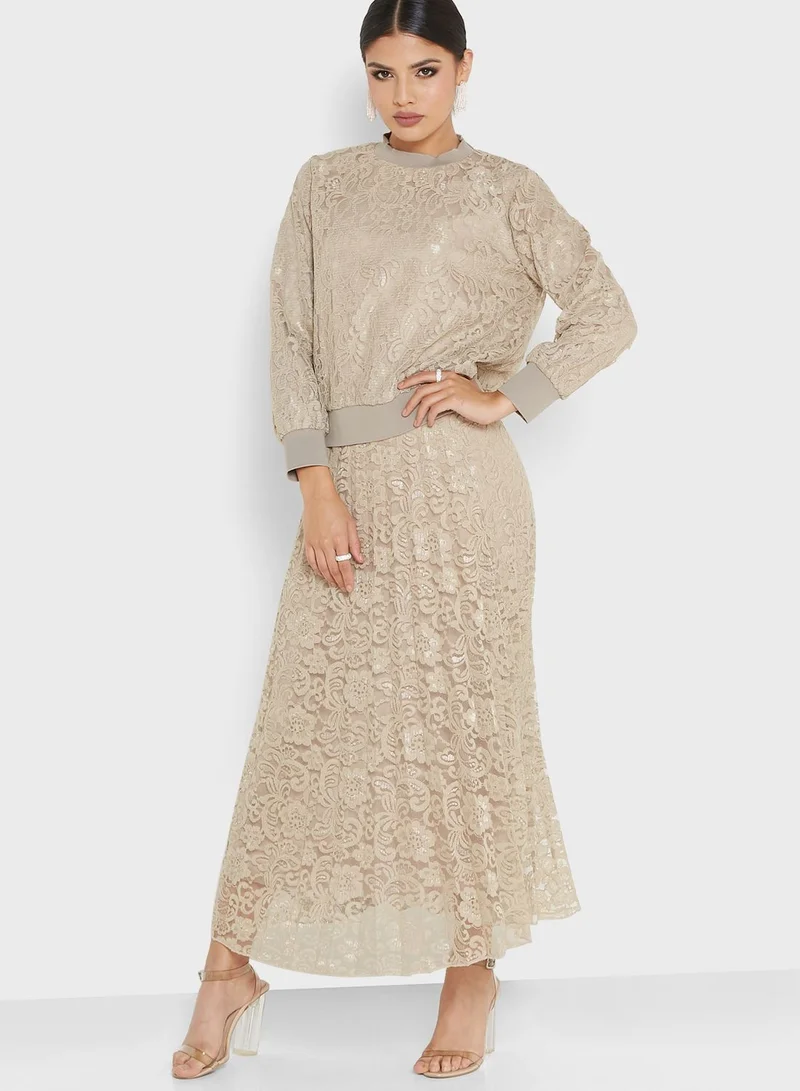 Khizana Lace Top & Pleated Skirt Set