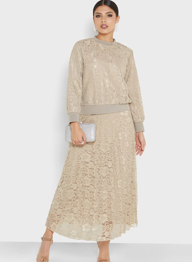 Khizana Lace Top & Pleated Skirt Set