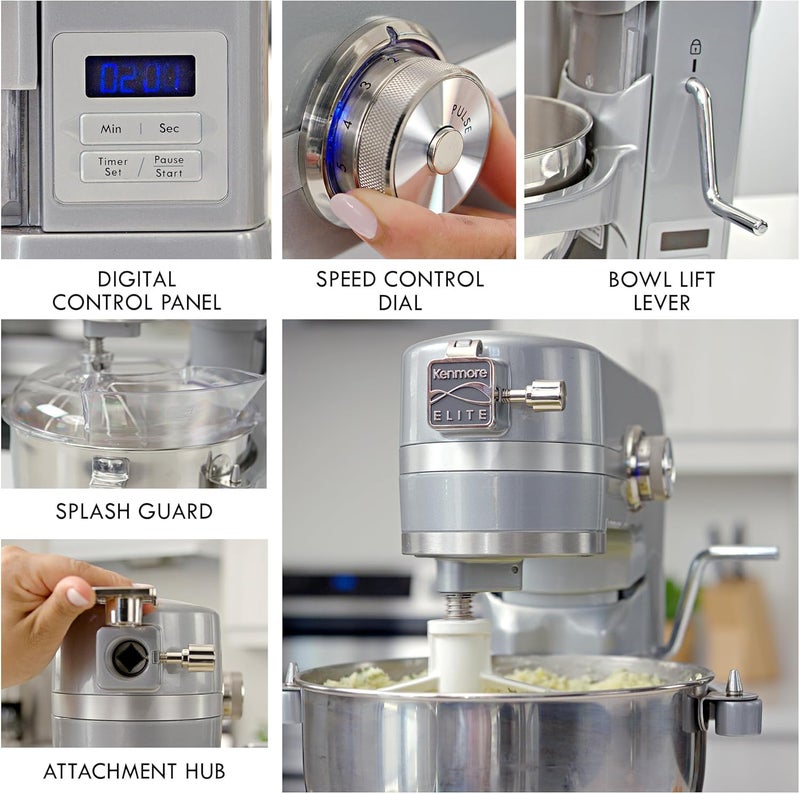 Kenmore Kenmore Elite HeavyDuty 6 Qt BowlLift Stand Mixer 600 Watts with Flat Beater Wire Whisk Dough Hook Stainless Steel Bowls LED Light Digital Countdown Timer Metallic Grey  - Image 3