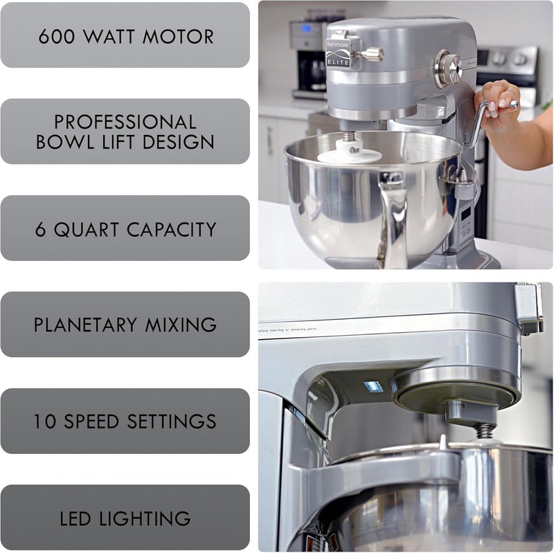 Kenmore Kenmore Elite HeavyDuty 6 Qt BowlLift Stand Mixer 600 Watts with Flat Beater Wire Whisk Dough Hook Stainless Steel Bowls LED Light Digital Countdown Timer Metallic Grey  - Image 4