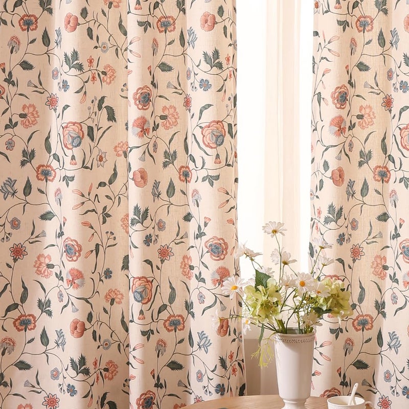 ISAENNE Vintage Linen Semi Blackout Curtains with Grommets,Pink Floral Western Decor Curtain for Kitchen Bedroom Living Room Dining Room Window,2 Panels 53 Inches Wide by 87 Inches Long -Daffy - Image 2