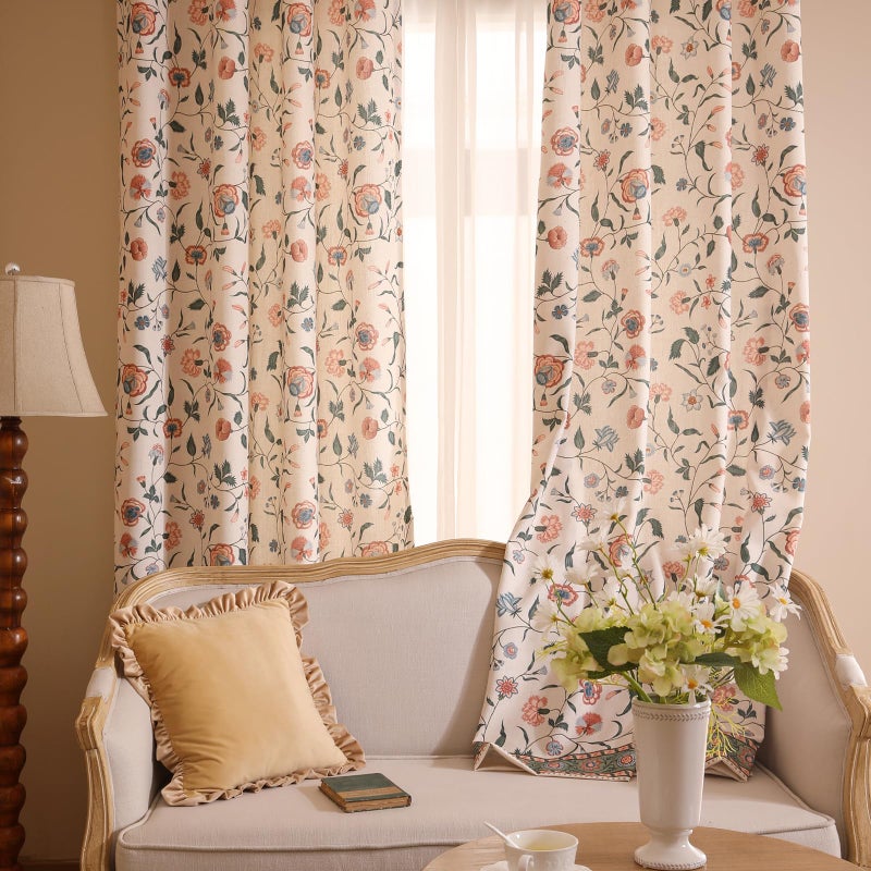 ISAENNE Vintage Linen Semi Blackout Curtains with Grommets,Pink Floral Western Decor Curtain for Kitchen Bedroom Living Room Dining Room Window,2 Panels 53 Inches Wide by 87 Inches Long -Daffy - Image 3