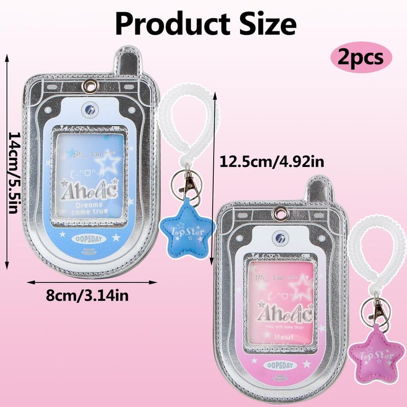 Ddayup 2Pcs Star Cute Kpop Photocard Holder Keychain Mobile Phone Shape Pu Leather Photo Card Holder Keychain Pink Blue Kawaii Flip Phone Shape Pc Holder Kpop Korean Star Pendant School Stationery Gifts - Image 2