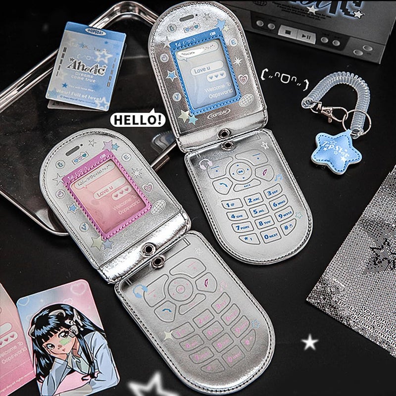 Ddayup 2Pcs Star Cute Kpop Photocard Holder Keychain Mobile Phone Shape Pu Leather Photo Card Holder Keychain Pink Blue Kawaii Flip Phone Shape Pc Holder Kpop Korean Star Pendant School Stationery Gifts - Image 5