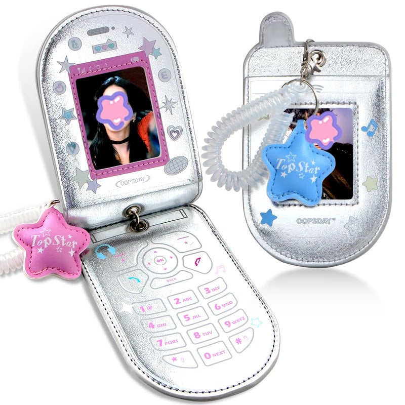 Ddayup 2Pcs Star Cute Kpop Photocard Holder Keychain Mobile Phone Shape Pu Leather Photo Card Holder Keychain Pink Blue Kawaii Flip Phone Shape Pc Holder Kpop Korean Star Pendant School Stationery Gifts - Image 1
