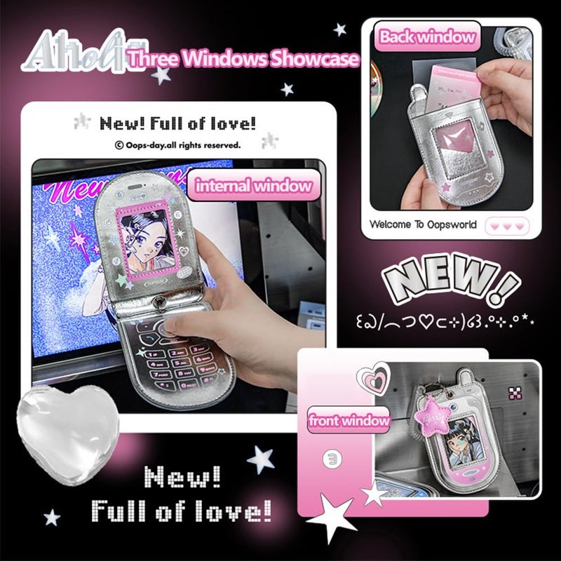Ddayup 2Pcs Star Cute Kpop Photocard Holder Keychain Mobile Phone Shape Pu Leather Photo Card Holder Keychain Pink Blue Kawaii Flip Phone Shape Pc Holder Kpop Korean Star Pendant School Stationery Gifts - Image 3