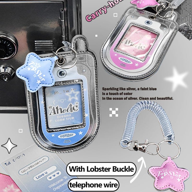 Ddayup 2Pcs Star Cute Kpop Photocard Holder Keychain Mobile Phone Shape Pu Leather Photo Card Holder Keychain Pink Blue Kawaii Flip Phone Shape Pc Holder Kpop Korean Star Pendant School Stationery Gifts - Image 4