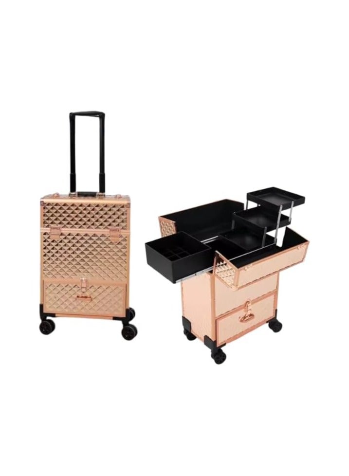 Professional Makeup Trolley Case, Rolling Cosmetic Organizer with Extendable Trays, Rose Gold - Image 1