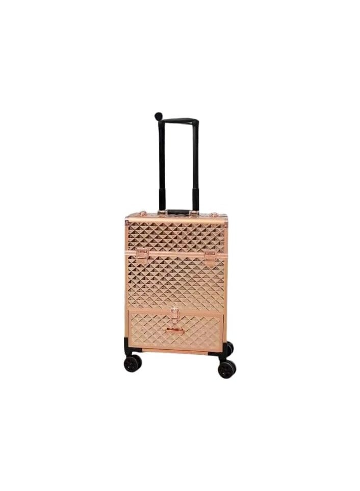 Professional Makeup Trolley Case, Rolling Cosmetic Organizer with Extendable Trays, Rose Gold - Image 2