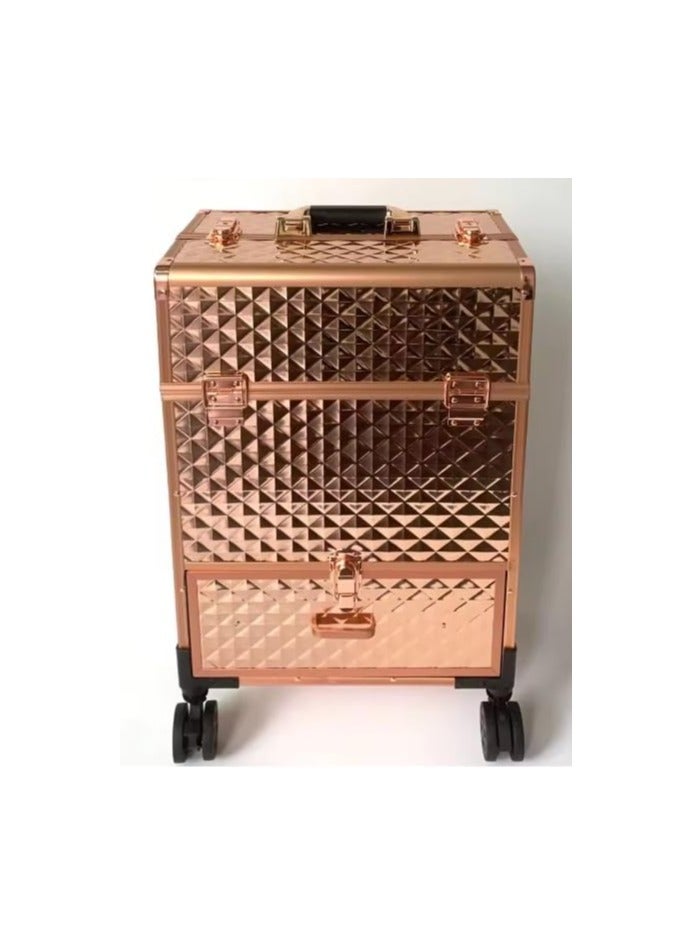 Professional Makeup Trolley Case, Rolling Cosmetic Organizer with Extendable Trays, Rose Gold - Image 3