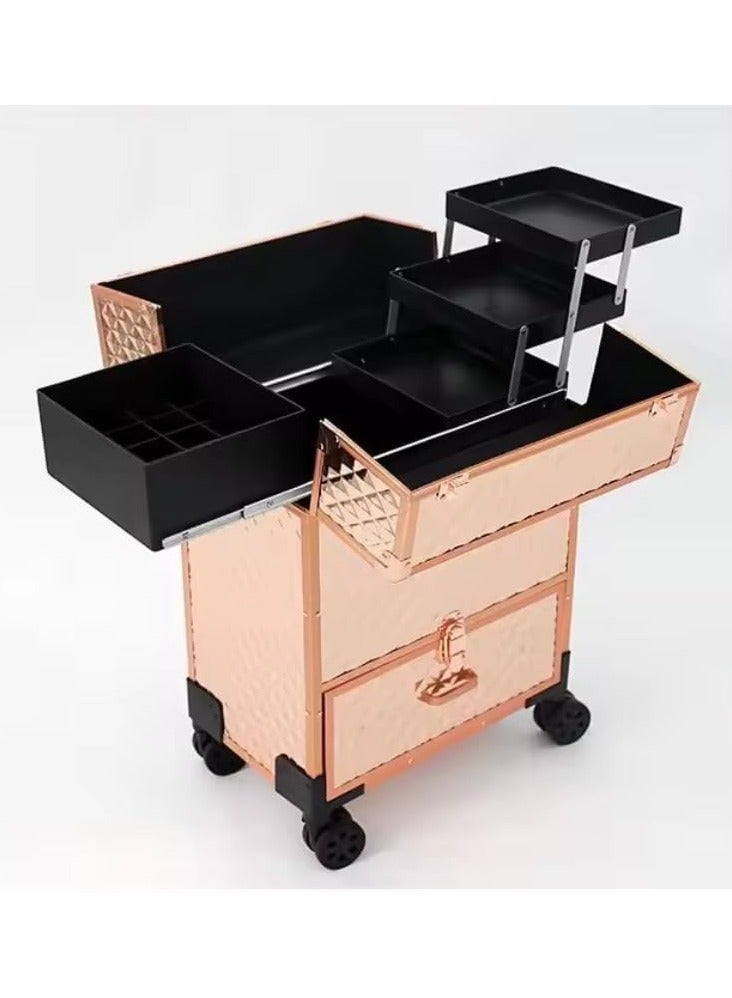 Professional Makeup Trolley Case, Rolling Cosmetic Organizer with Extendable Trays, Rose Gold - Image 4