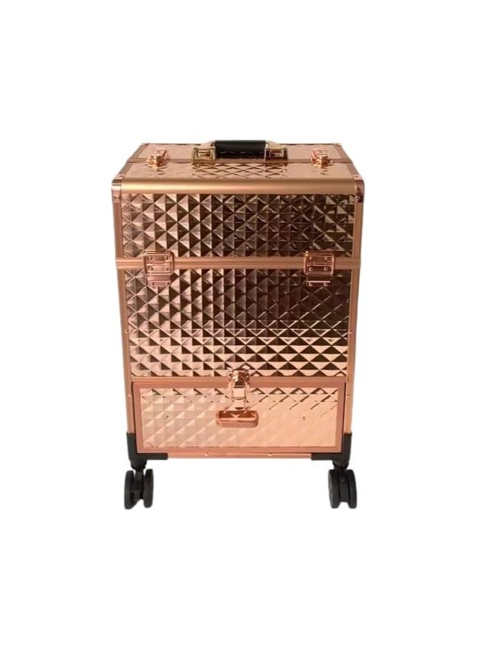 Professional Makeup Trolley Case, Rolling Cosmetic Organizer with Extendable Trays, Rose Gold - Image 5