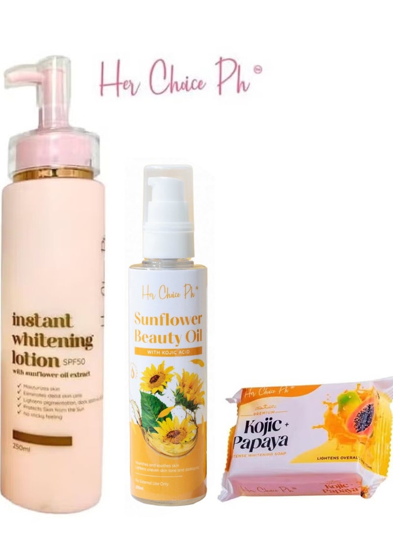 Her Choice Ph Premium Kojic + Papaya Intense Whitening Soap 120gm & Instant Whitening Lotion SPF 50 with Sunflower Oil Extract 250ml & Sunflower Beauty Oil 100ml Set