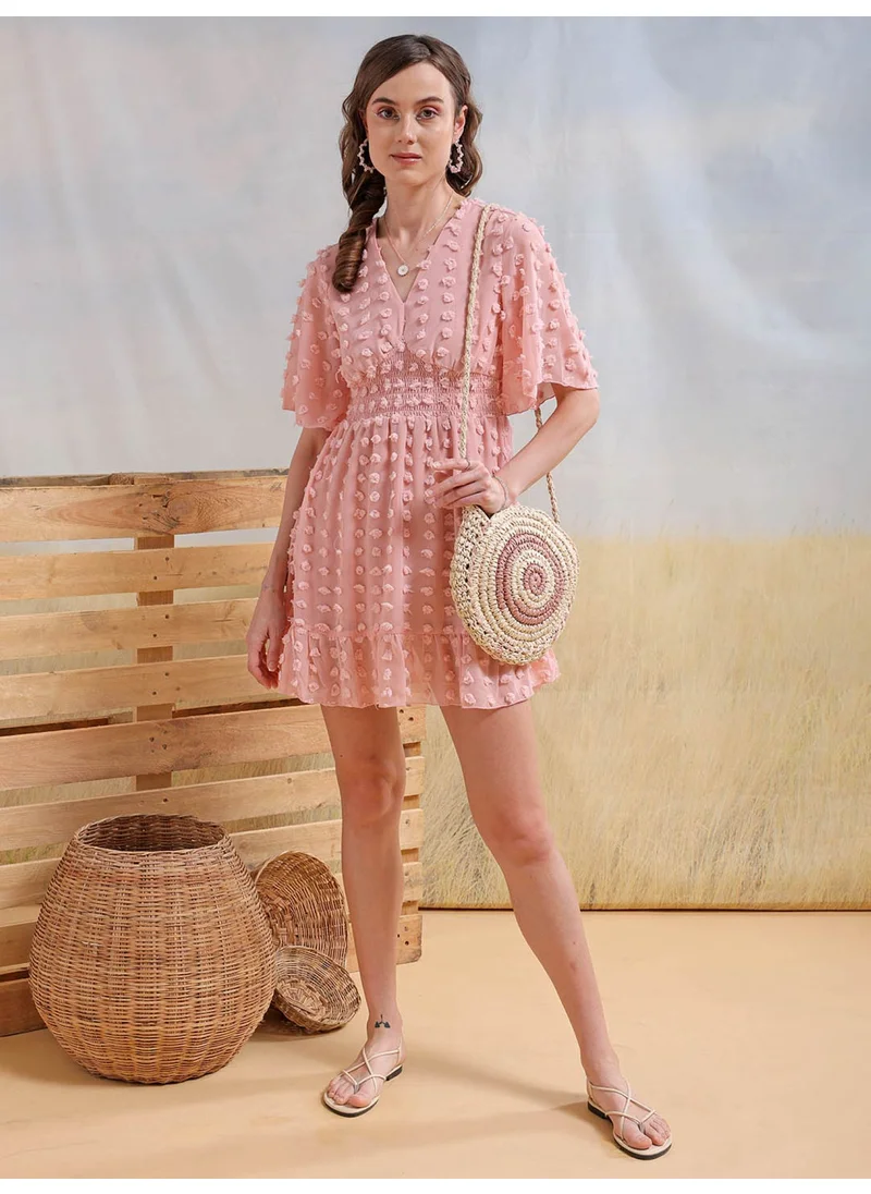 مرفوعة Women Casual Fit And Flare Textured Smocked V-Neck Mini Dress