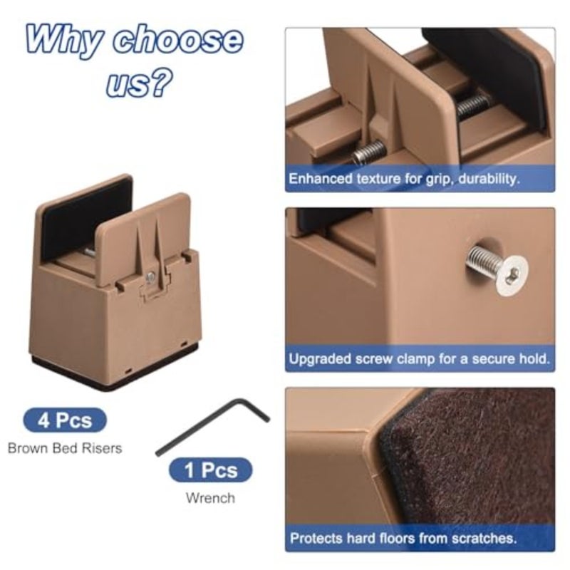 2 inch Bed Risers with Adjustable Screw Clamp, 4Pcs Furniture Risers for Bed, Desk, Sofa, Table, Fit for Furniture Thickness 0.39-1.45", Supports 5000 Pounds - Image 3