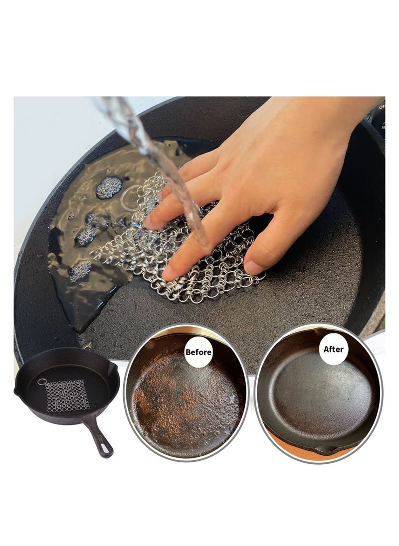 SYOSI - Cast Iron Cleaner, Stainless Steel Chain Mail Scrubber, Iron Skillet Scrub Brush, for Pan Pot Chain Scrubber Cleaning Dutch Ovens Carbon Steel Wok Grill Pan, Chain Mail to Clean Castiron (2Pack) - Image 1