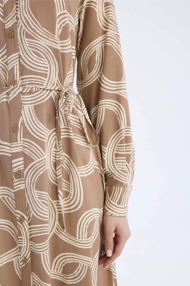 DeFacto Brown Woman Shirt Collar Printed Viscose Dress Casual - Image 5