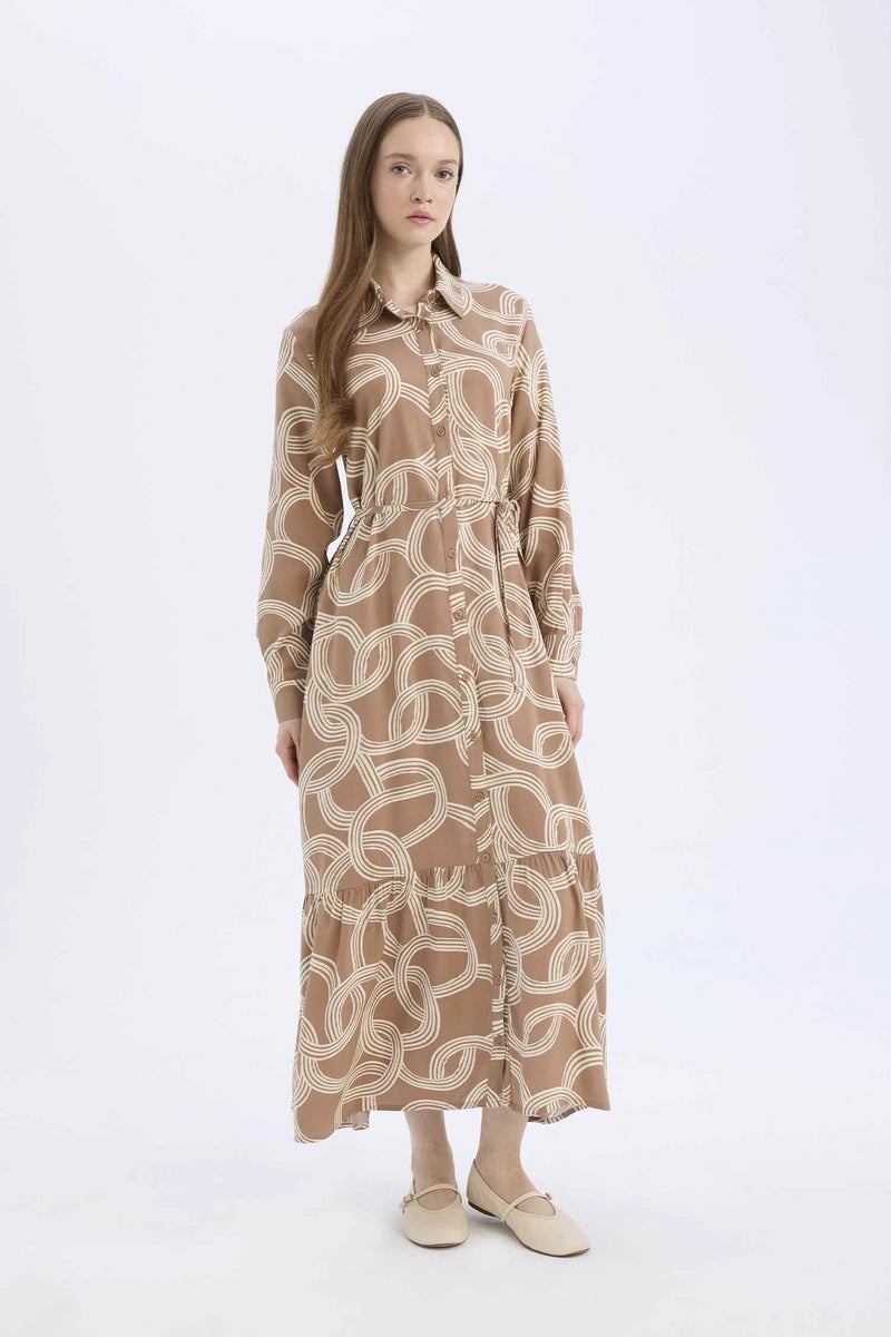 DeFacto Brown Woman Shirt Collar Printed Viscose Dress Casual - Image 4