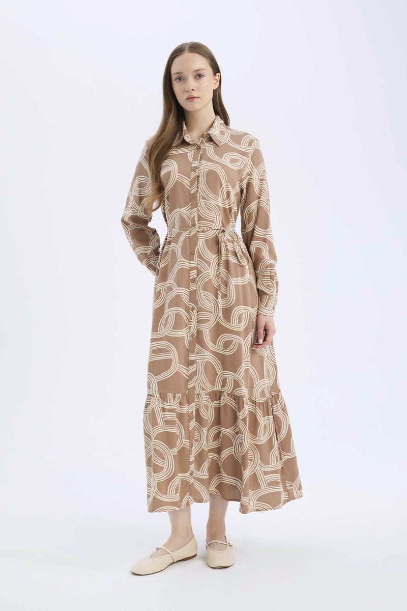 DeFacto Brown Woman Shirt Collar Printed Viscose Dress Casual - Image 3