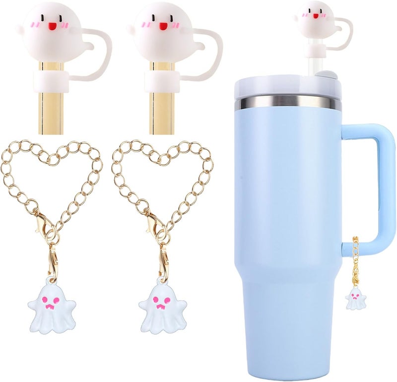 Kleeblatt Halloween Ghost Straw Covers Cap For Stanley Cup, 2pcs 10mm Cute Silicone Straw Toppers For Tumblers With 2pcs Ghost Charms Personalized, Stanley Cup Accessories - Image 1