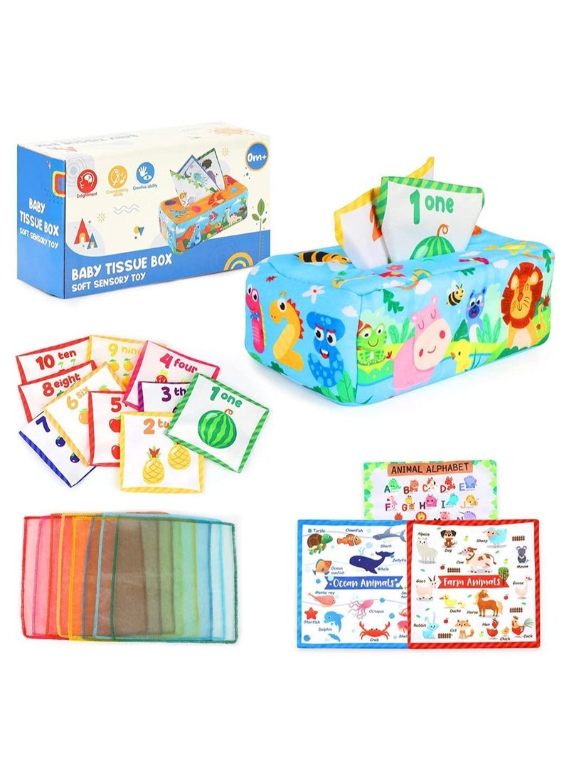 Baby Tissue Box Toy Montessori Toys Sensory Pull Along Toy for Toddlers with Colorful Scarves Crinkle Tissues Soft Cloth Numbe and Animals Pattern Educational Preschool Learning Toys - Image 1