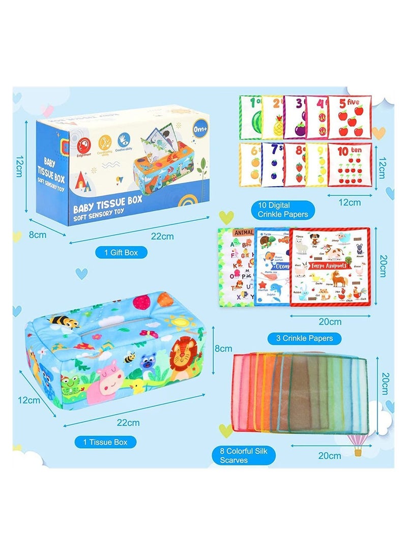 Baby Tissue Box Toy Montessori Toys Sensory Pull Along Toy for Toddlers with Colorful Scarves Crinkle Tissues Soft Cloth Numbe and Animals Pattern Educational Preschool Learning Toys - Image 5