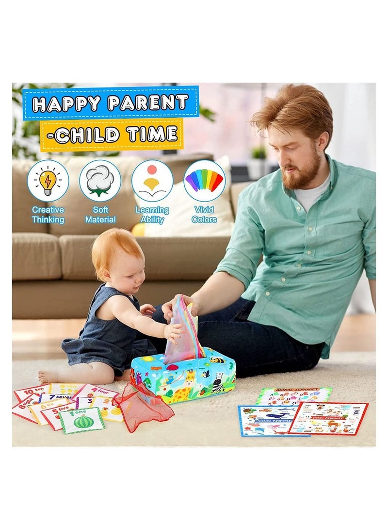 Baby Tissue Box Toy Montessori Toys Sensory Pull Along Toy for Toddlers with Colorful Scarves Crinkle Tissues Soft Cloth Numbe and Animals Pattern Educational Preschool Learning Toys - Image 4