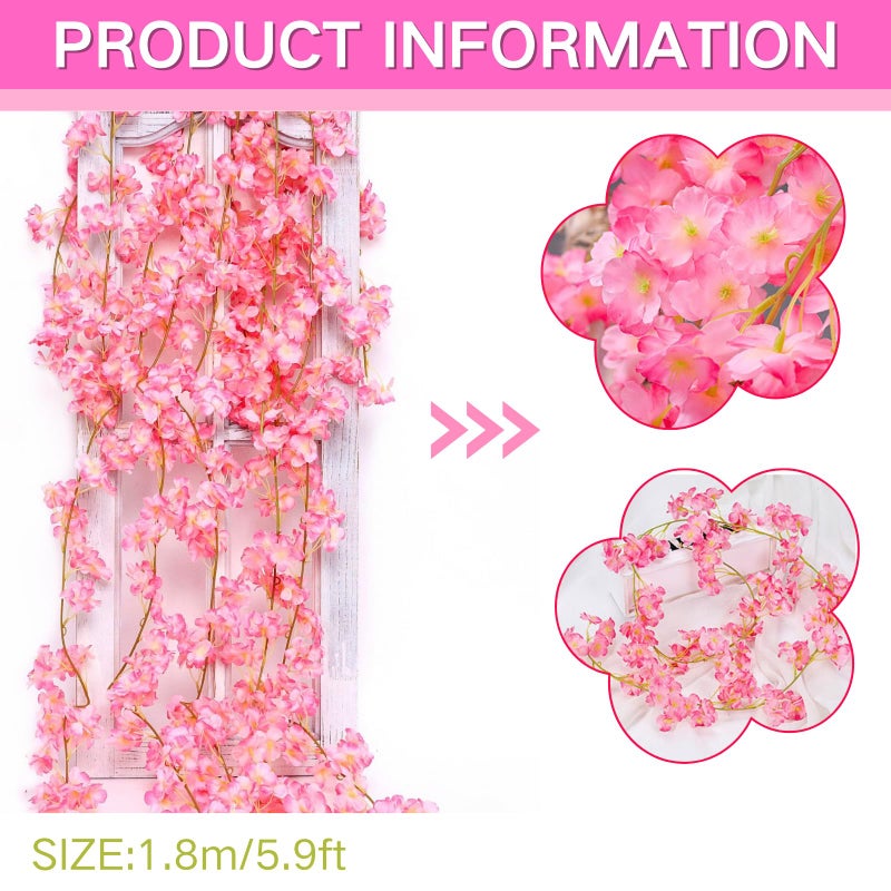 ASTRYAS 2Packs Artificial Cherry Blossom Flower Vines Pink Artificial Flower Garland Vines Silk Hanging Sakura Garland for Wedding Garden Arch Wall Home Party Japanese Kawaii Decor (Deep Pink) - Image 2