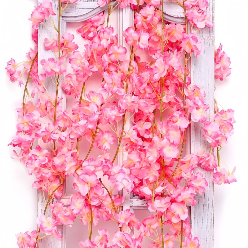 ASTRYAS 2Packs Artificial Cherry Blossom Flower Vines Pink Artificial Flower Garland Vines Silk Hanging Sakura Garland for Wedding Garden Arch Wall Home Party Japanese Kawaii Decor (Deep Pink) - Image 1