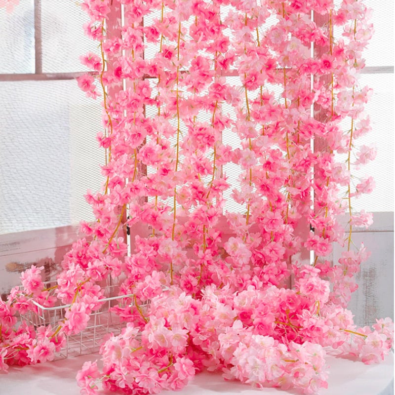 ASTRYAS 2Packs Artificial Cherry Blossom Flower Vines Pink Artificial Flower Garland Vines Silk Hanging Sakura Garland for Wedding Garden Arch Wall Home Party Japanese Kawaii Decor (Deep Pink) - Image 3