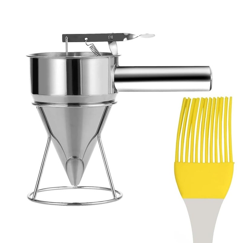 NETXE Stainless Steel Pancake Maker With Silicone Oil BrushJalebi Maker Muffin Mix Crepes CakeBatter Dispenser Funnel Dispenser with Stand for Takoyaki and Baking - Image 1