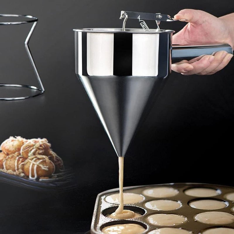 NETXE Stainless Steel Pancake Maker With Silicone Oil BrushJalebi Maker Muffin Mix Crepes CakeBatter Dispenser Funnel Dispenser with Stand for Takoyaki and Baking - Image 4