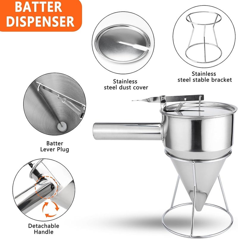 NETXE Stainless Steel Pancake Maker With Silicone Oil BrushJalebi Maker Muffin Mix Crepes CakeBatter Dispenser Funnel Dispenser with Stand for Takoyaki and Baking - Image 5