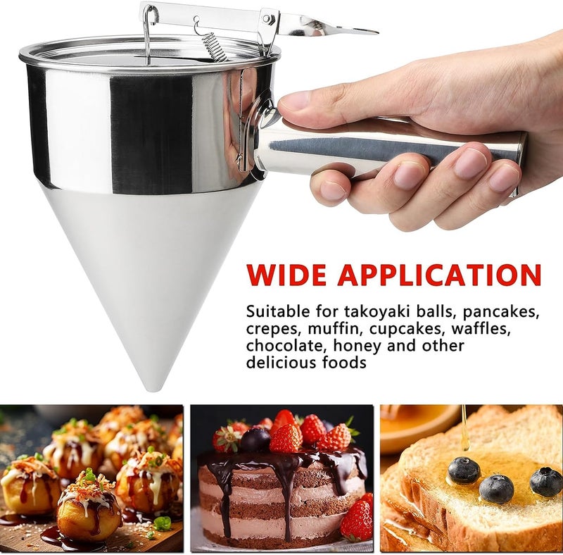 NETXE Stainless Steel Pancake Maker With Silicone Oil BrushJalebi Maker Muffin Mix Crepes CakeBatter Dispenser Funnel Dispenser with Stand for Takoyaki and Baking - Image 2