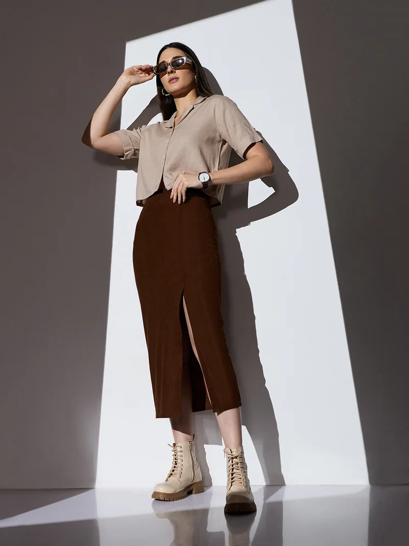 Globus Women Brown Mid-Rise Self Design Striped Front Slit Midi Workwear Pencil Skirt