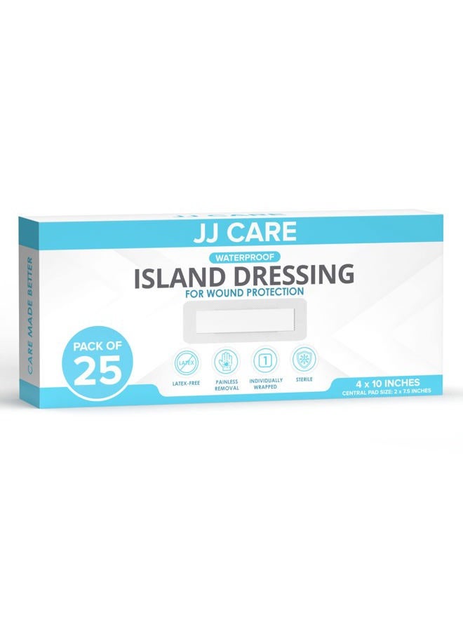 JJ CARE ضمادة جزيرة لاصقة مقاومة للماء [عبوة من 25]، 4" × 10" ضمادة جراحية معقمة، ضمادة شاش محاطة قابلة للتنفس، ضمادات خالية من اللاتكس مغلفة بشكل فردي، وسادة مركزية غير لاصقة - Image 1