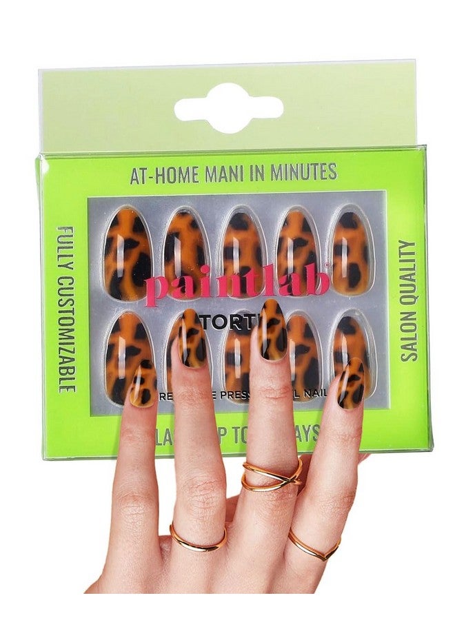 PaintLab Press-On Nails Manicure Kit, Tortie - Almond, 30-Piece Set, Long-Lasting Fake Nails With Glue, File, Prep Pad & Cuticle Stick - Image 1
